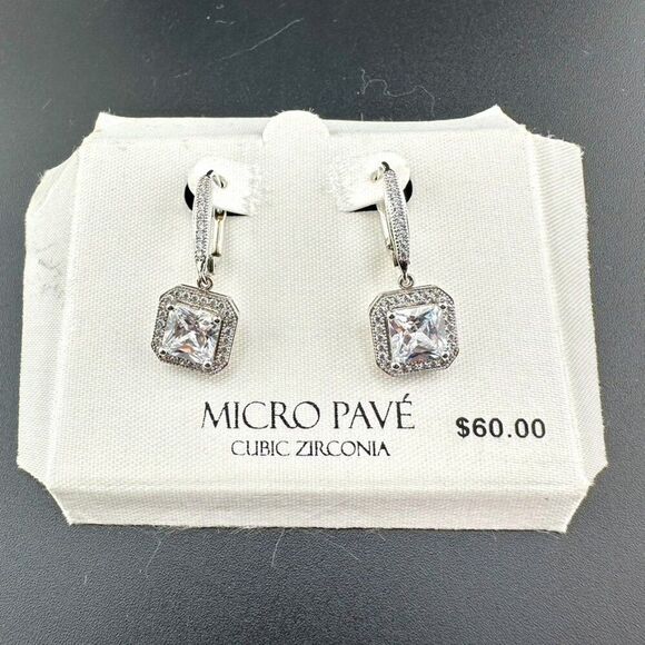 New Fine Silver Plate Nicro Pave Cubic Zirconia CZ Dangle Drop Earrings - Picture 1 of 3